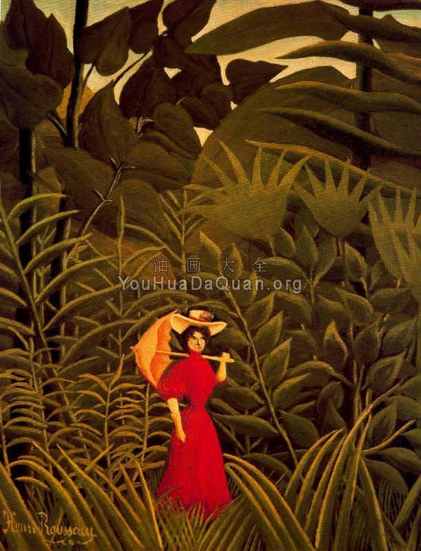 Woman with an Umbrella in an Exotic Forest - 亨利·卢梭